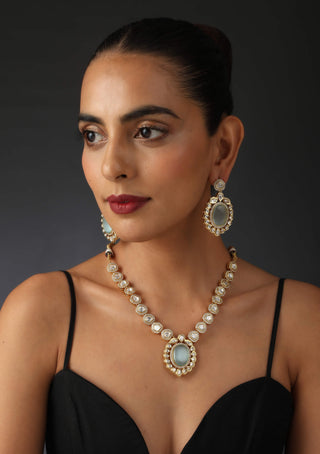 Swabhimann Jewellery-Mint Gold Tone Polki Necklace And Earring Set-INDIASPOPUP.COM
