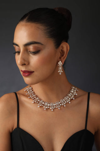 Swabhimann Jewellery-White Rose Polki Necklace And Earring Set-INDIASPOPUP.COM