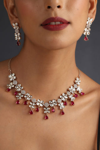 Swabhimann Jewellery-Ruby Rose Polki Necklace And Earring Set-INDIASPOPUP.COM