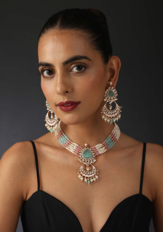 Swabhimann Jewellery-Pink And Mint Polki Necklace And Earring Set-INDIASPOPUP.COM