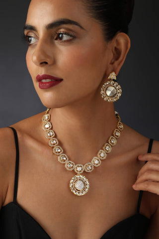 Swabhimann Jewellery-Old Tone Polki Necklace And Earring Set-INDIASPOPUP.COM