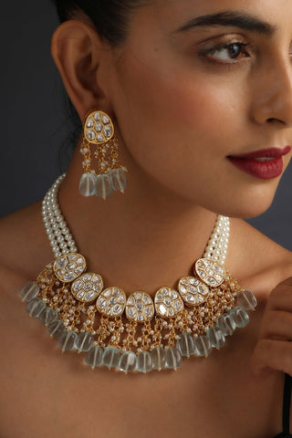 Swabhimann Jewellery-Mint Gold Polki Necklace And Earring Set-INDIASPOPUP.COM