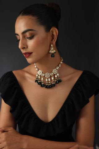 Swabhimann Jewellery-Green Gold Tone Necklace And Earring Set-INDIASPOPUP.COM