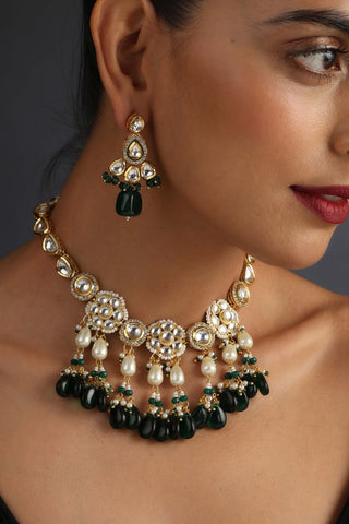 Swabhimann Jewellery-Green Gold Tone Necklace And Earring Set-INDIASPOPUP.COM