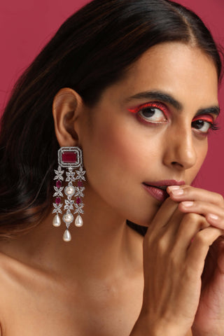 Swabhimann Jewellery-Red Silver Tone Dangler Earrings-INDIASPOPUP.COM