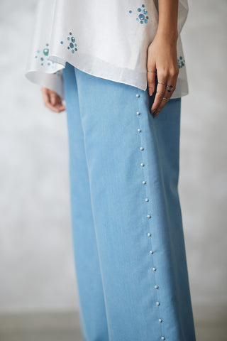 Ivory dottie shirt and denim pants