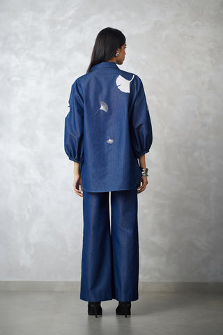 Dark denim blue ginkgo shirt and pants