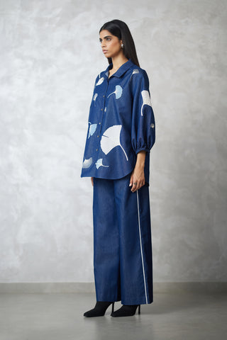 Dark denim blue ginkgo shirt and pants