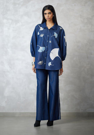Dark denim blue ginkgo shirt and pants