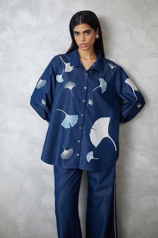 Dark denim blue ginkgo shirt and pants