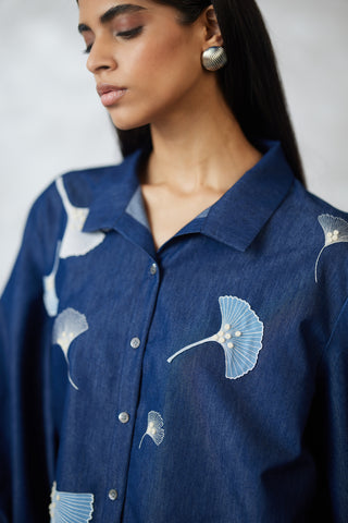 Dark denim blue ginkgo shirt and pants