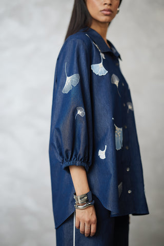 Dark denim blue ginkgo shirt and pants