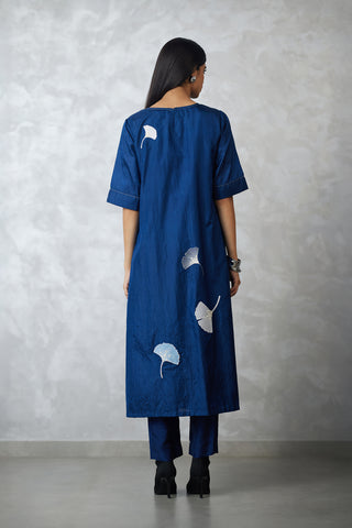 Indigo ginkgo crushed silk kurta set