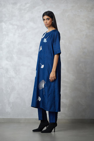 Indigo ginkgo crushed silk kurta set