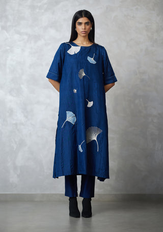 Indigo ginkgo crushed silk kurta set