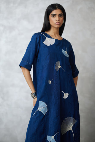 Indigo ginkgo crushed silk kurta set