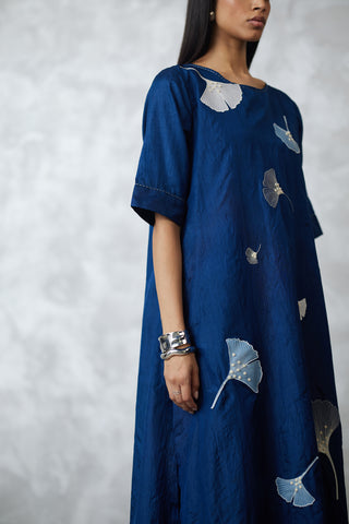 Indigo ginkgo crushed silk kurta set