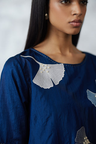 Indigo ginkgo crushed silk kurta set