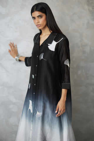 Black white ombre ginkgo jacket and denim dress