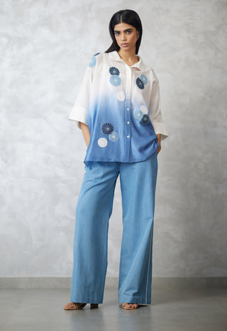 Ivory to light blue shirt and pants