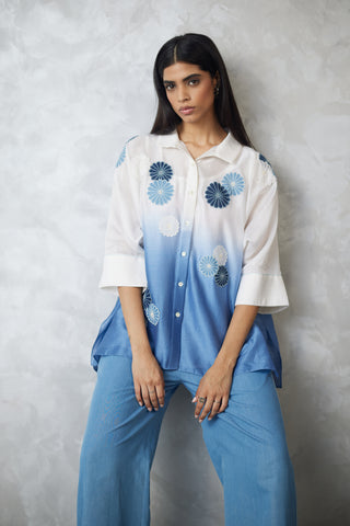 Ivory to light blue shirt and pants