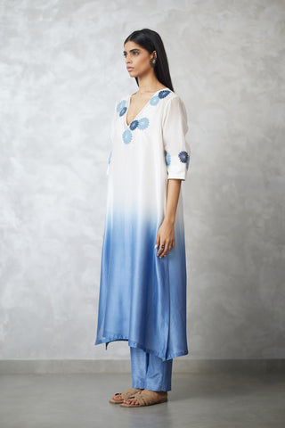 Ivory blue nova applique ombre kurta set