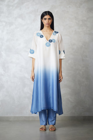 Ivory blue nova applique ombre kurta set