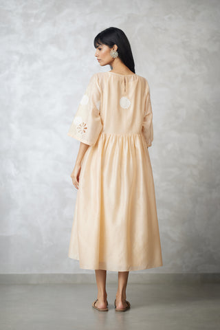 Beige nova cutwork applique side gathered dress