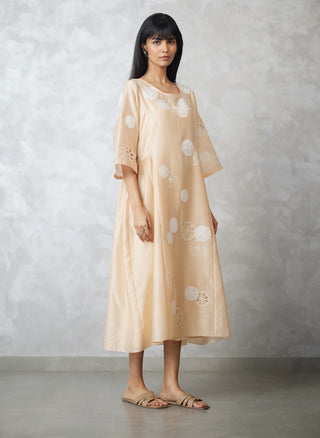 Beige nova cutwork applique side gathered dress