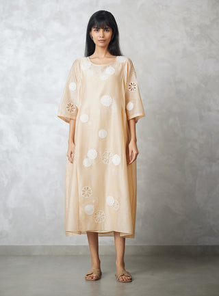 Beige nova cutwork applique side gathered dress