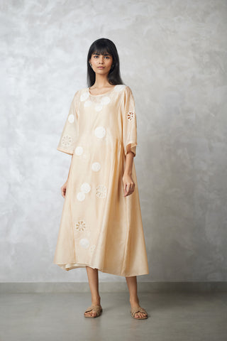 Beige nova cutwork applique side gathered dress