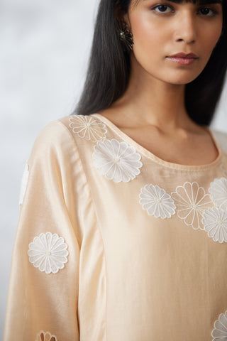 Beige nova cutwork applique side gathered dress