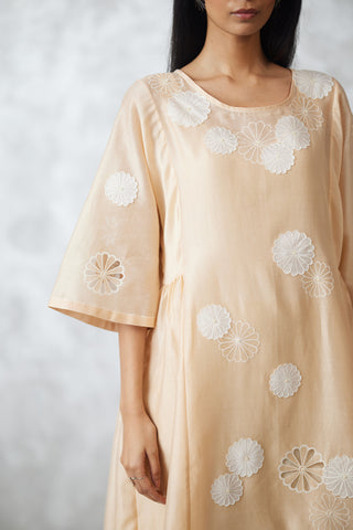 Beige nova cutwork applique side gathered dress