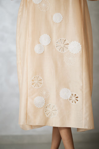 Beige nova cutwork applique side gathered dress