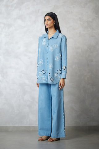 Light blue denim shirt and pants