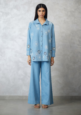 Light blue denim shirt and pants