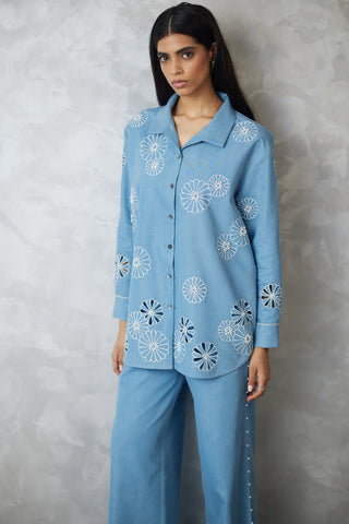 Light blue denim shirt and pants