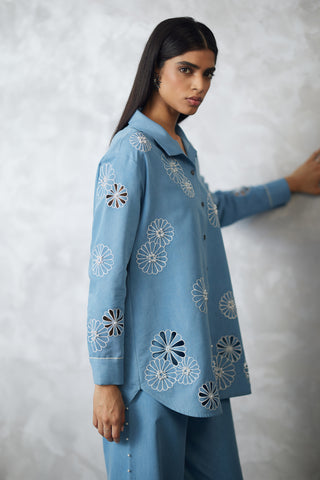 Light blue denim shirt and pants