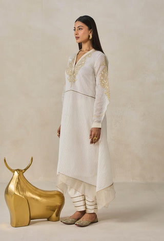 Ivory chanderi asymmetrical kurta with pants