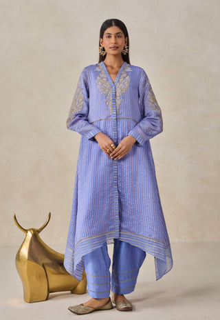 Ink blue chanderi asymmetrical kurta with pants