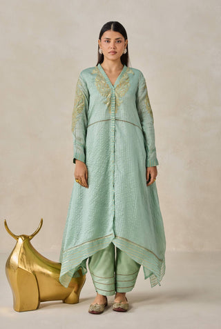 Sage green chanderi asymmetrical kurta with pants
