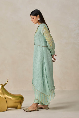 Sage green chanderi asymmetrical kurta with pants
