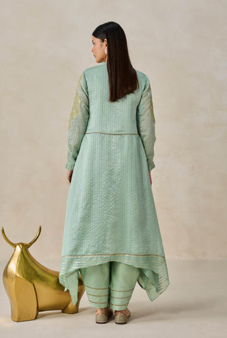 Sage green chanderi asymmetrical kurta with pants