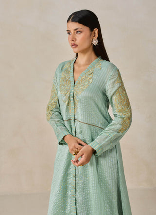 Sage green chanderi asymmetrical kurta with pants