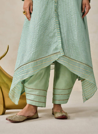 Sage green chanderi asymmetrical kurta with pants