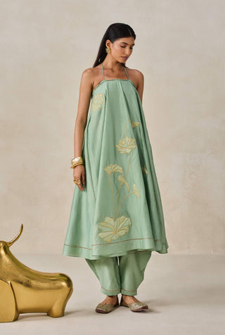 Sage green chanderi off-shoulder kurta with pants