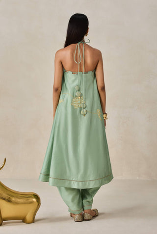 Sage green chanderi off-shoulder kurta with pants
