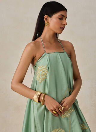 Sage green chanderi off-shoulder kurta with pants