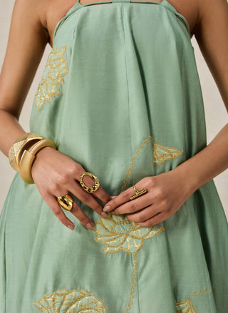 Sage green chanderi off-shoulder kurta with pants