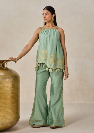 Sage green chanderi appliqué strappy top with palazzo